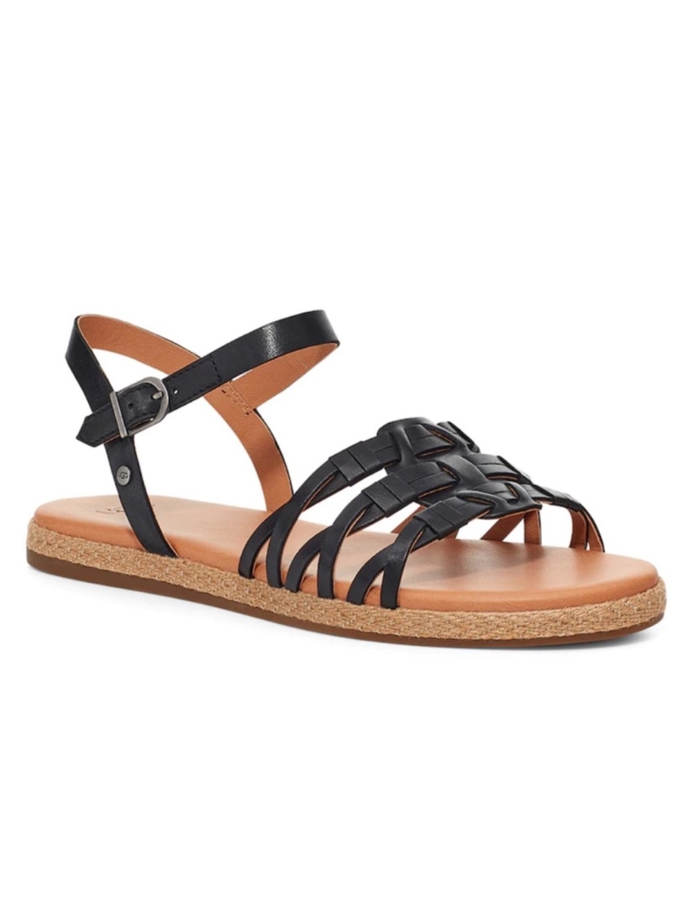UGG Larisa Leather Strappy Ankle Flat Sandals Black Womens Size 8 NWOT